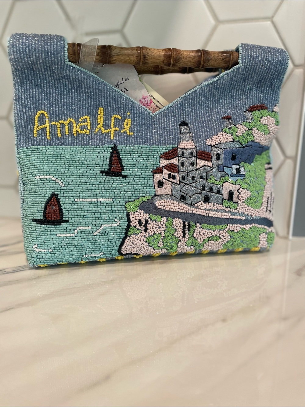 Handcrafted in India Viral Amalfi Beaded Coastal Scene Clutch - Blue